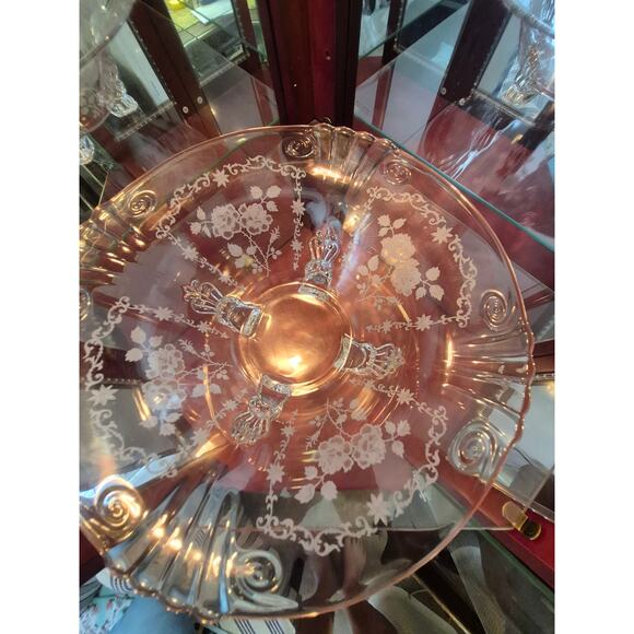 Rare Fostoria Midnight Rose Large Footed Serving Bowl Etched Depression Glass - Picture 3 of 7
